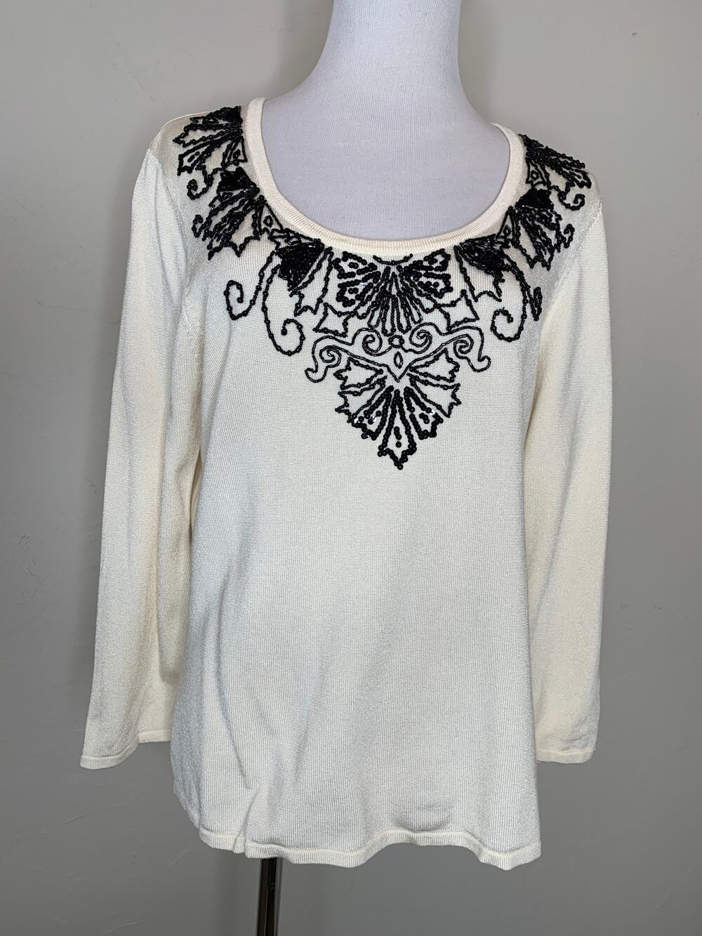 Jones New York Cream Black Bead Embellished Sweater  Sz Large